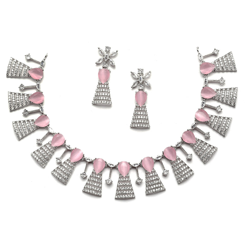 Rhodium-Plated Silver Toned Teardrop Pink American Diamond Studded Necklace Earrings Jewellery Set