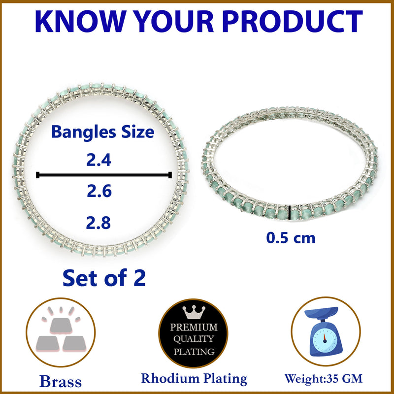 Rhodium Plated Sea Green American Diamond Studded Thin Bangles
