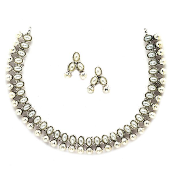 Rhodium-Plated with Oxidized Silver-Toned White Cubic Zirconia Stone Studded & White Pearl Beaded Necklace and Earrings Jewellery Set