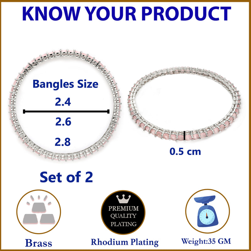 Rhodium Plated Pink American Diamond Studded Thin Bangles