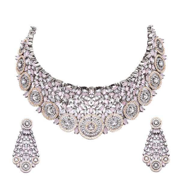 Rose Gold-Plated Gunmetal Toned Pink American Diamond Choker Necklace with Earrings Jewellery Set