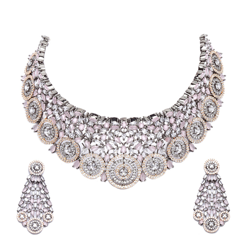 Rose Gold-Plated Gunmetal Toned Pink American Diamond Choker Necklace with Earrings Jewellery Set