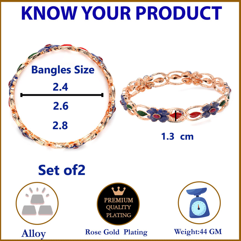 Set Of 2 Rose Gold-Plated American Diamond studded Multi-Colour Floral & Leaf Shaped Handcrafted Bangles