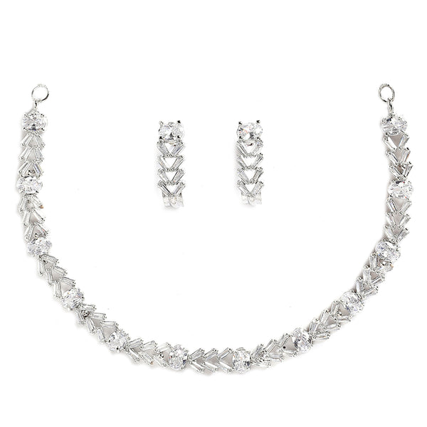 Rhodium-Plated with Silver-Tone & White American Diamond-Studded Jewellery Set