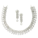 Rhodium-Plated with Silver-Toned White American Diamond Studded Necklace & Earrings Jewellery Set