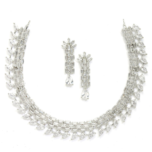 Rhodium-Plated with Silver-Toned White American Diamond Studded Necklace & Earrings Jewellery Set
