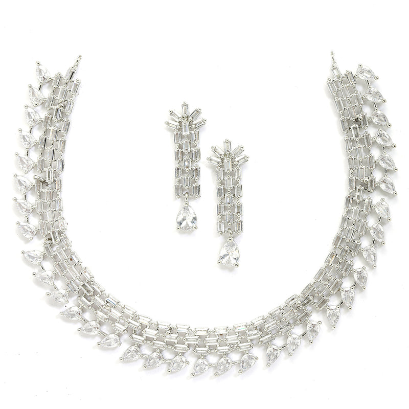 Rhodium-Plated with Silver-Toned White American Diamond Studded Necklace & Earrings Jewellery Set