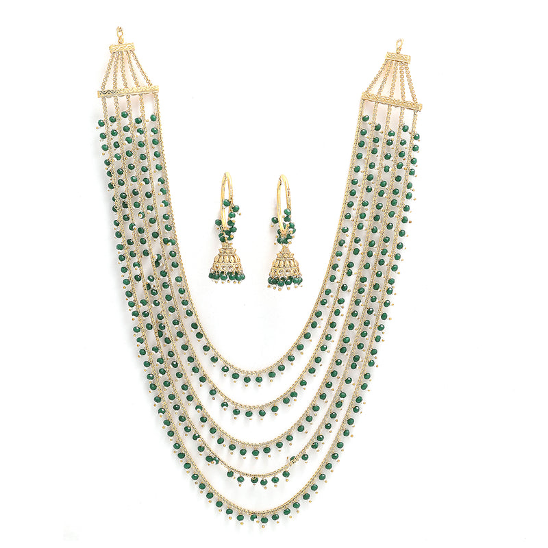 Five Layered Gold-Plated Green Pearl Beaded Jewellery Set