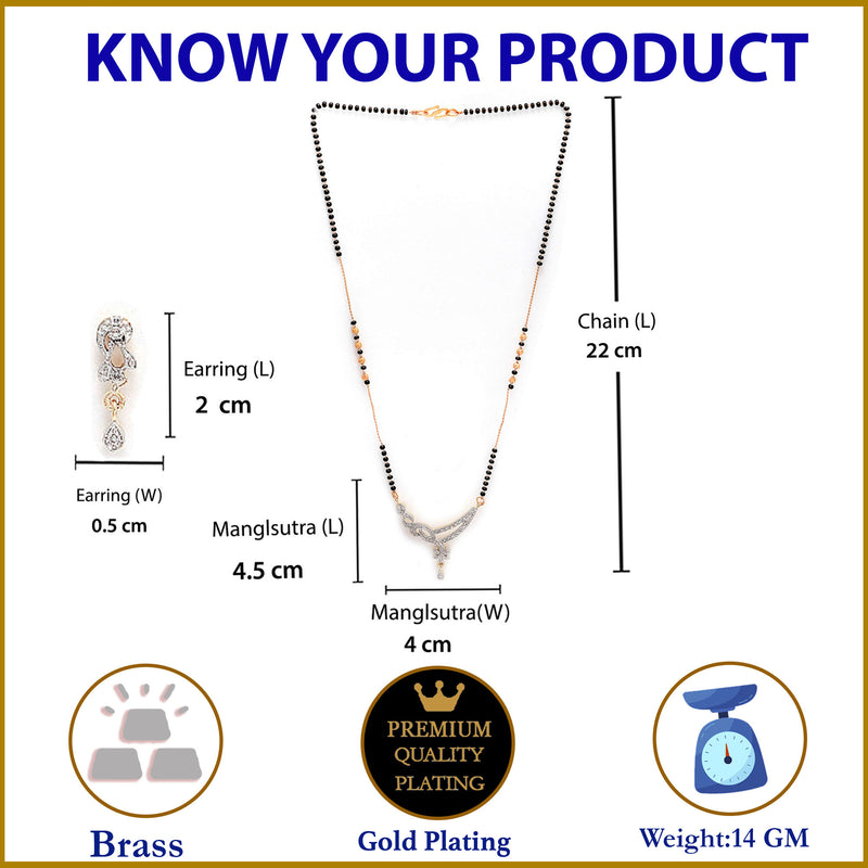 Gold Plated American Diamond Studded Black Beaded Designer Mangalsutra With Earrings For Women