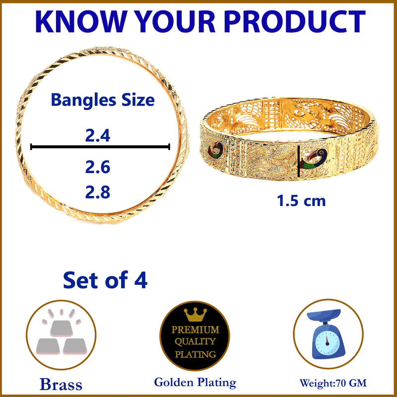 Set of 4 Gold Plated Meenakari Textured Peacock With Cut Out and Detail Bangles