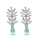 Rhodium-Plated Silver Toned Teardrop Sea Green American Diamond Studded Necklace Earrings Jewellery Set