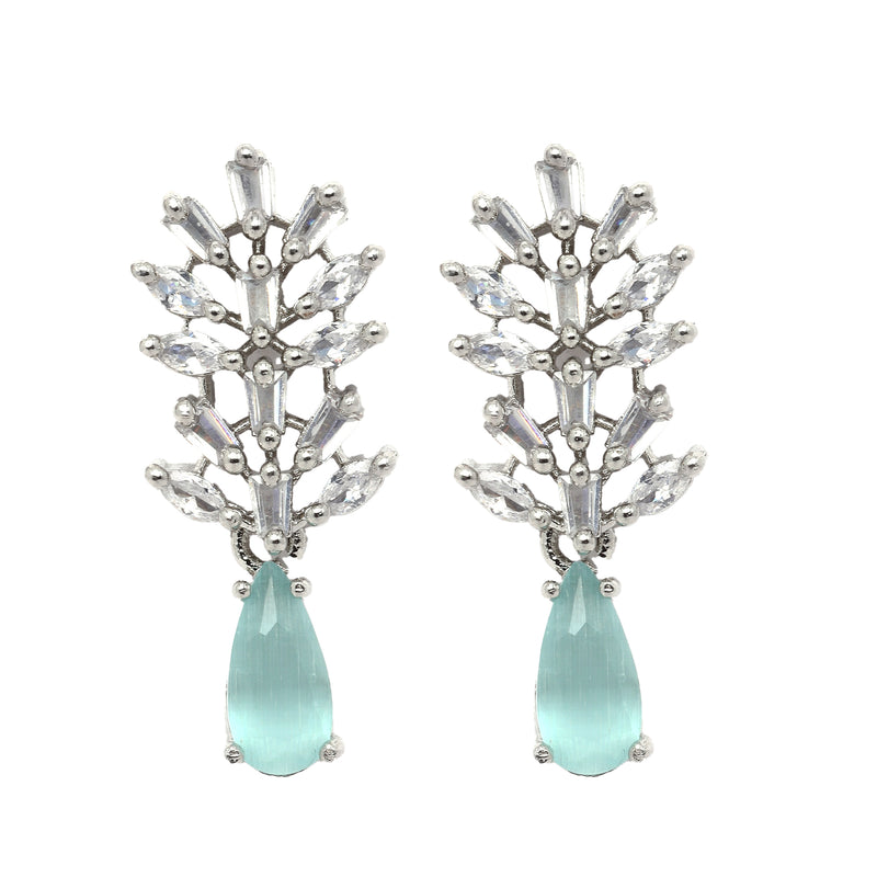 Rhodium-Plated Silver Toned Teardrop Sea Green American Diamond Studded Necklace Earrings Jewellery Set