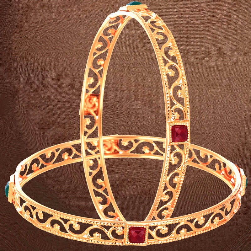 Square Shaped Gold Plated Red Green Stone Exclusive  Bangle Jewellery Set Of 2