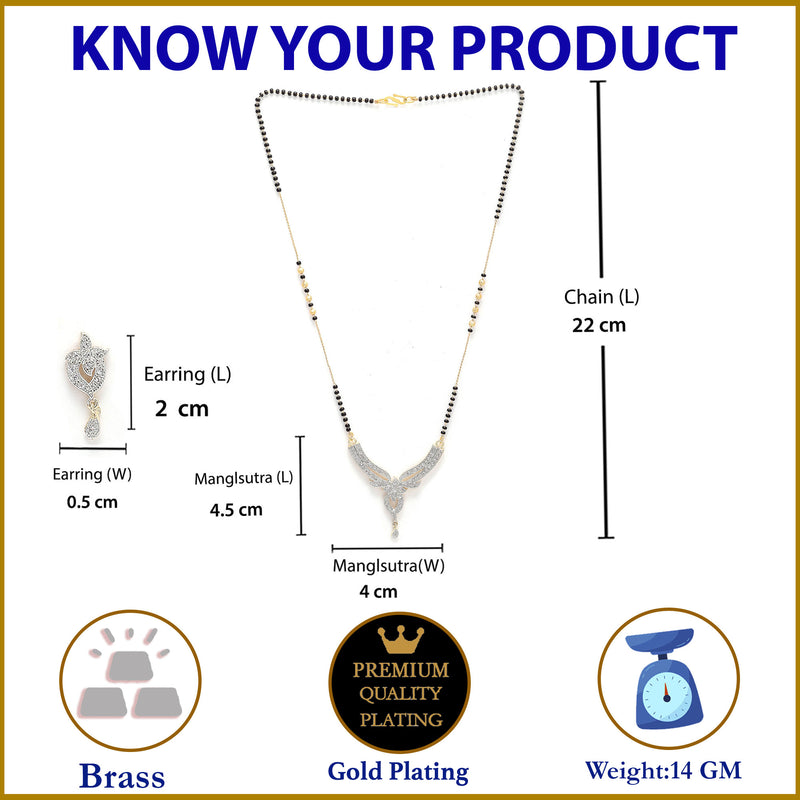 Flower Shaped Gold Plated Black Beaded white AD-Stone Studded Mangalsutra with Earrings