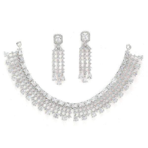 Rhodium-Plated with Silver-Tone White American Diamond-Studded Jewellery Set