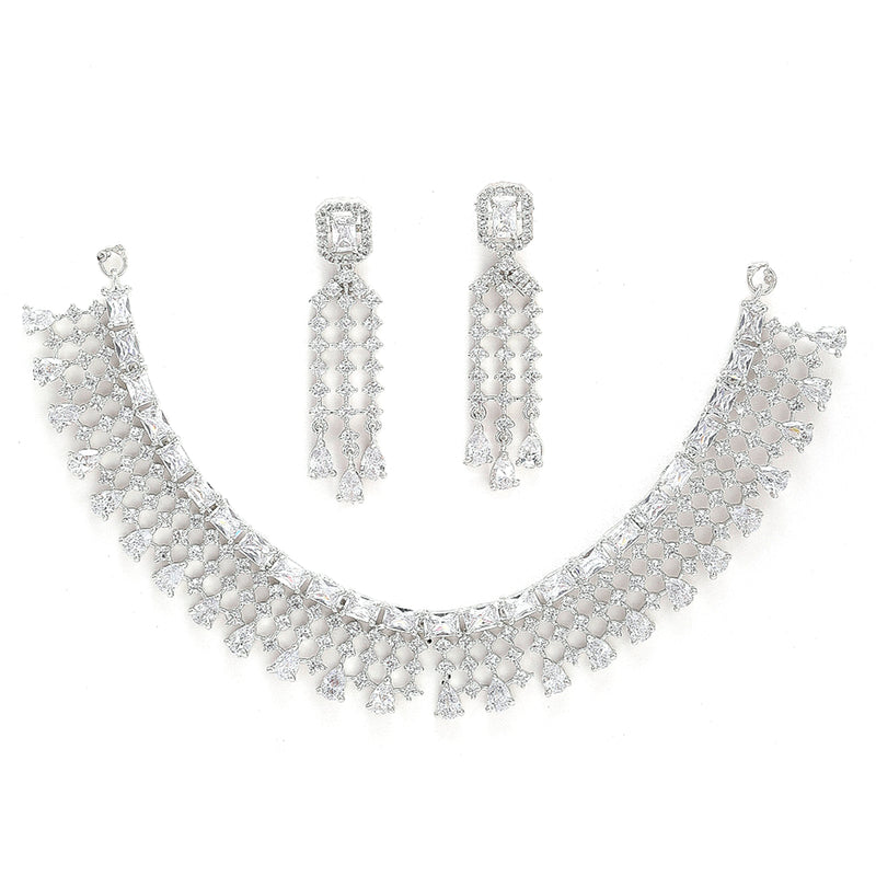 Rhodium-Plated with Silver-Tone White American Diamond-Studded Jewellery Set