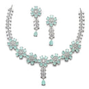 Rhodium-Plated Silver Tone Flower Sea Green American Diamond Studded Necklace with Earrings Jewellery Set