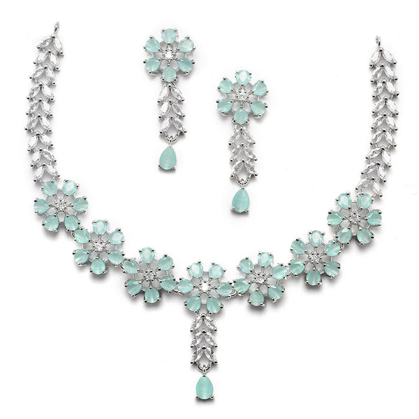 Rhodium-Plated Silver Tone Flower Sea Green American Diamond Studded Necklace with Earrings Jewellery Set