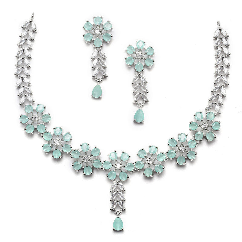 Rhodium-Plated Silver Tone Flower Sea Green American Diamond Studded Necklace with Earrings Jewellery Set