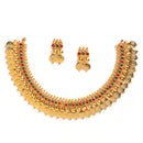 Traditional Gold-Plated Coin Choker Red Green Necklace & Earring Temple Jewellery Set