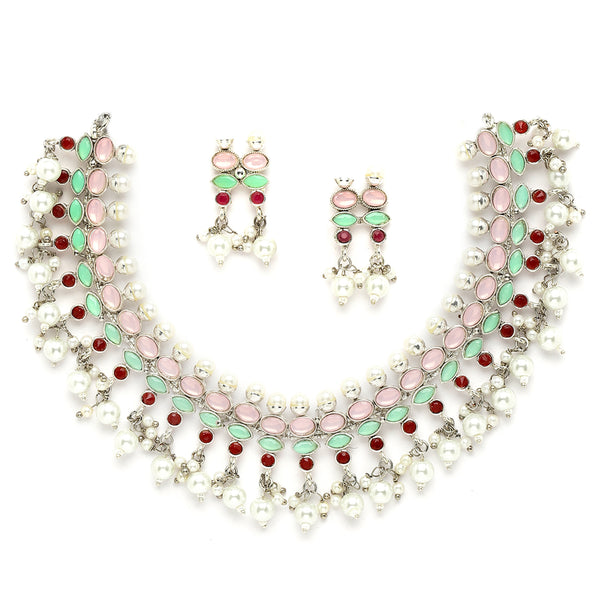 Silver-Toned & Pink Rhodium-Plated American Diamond Studded Pearl Jewellery Set
