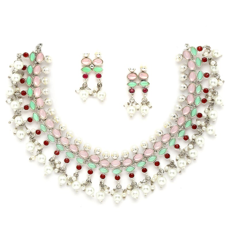 Silver-Toned & Pink Rhodium-Plated American Diamond Studded Pearl Jewellery Set