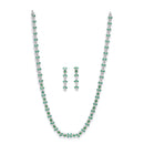 Rhodium-Plated Silver Toned Leaf Green American Diamond Studded Long Necklace with Drop Earrings Jewellery Set