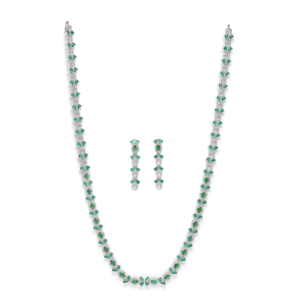 Rhodium-Plated Silver Toned Leaf Green American Diamond Studded Long Necklace with Drop Earrings Jewellery Set