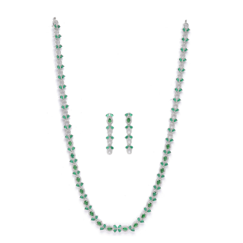 Rhodium-Plated Silver Toned Leaf Green American Diamond Studded Long Necklace with Drop Earrings Jewellery Set