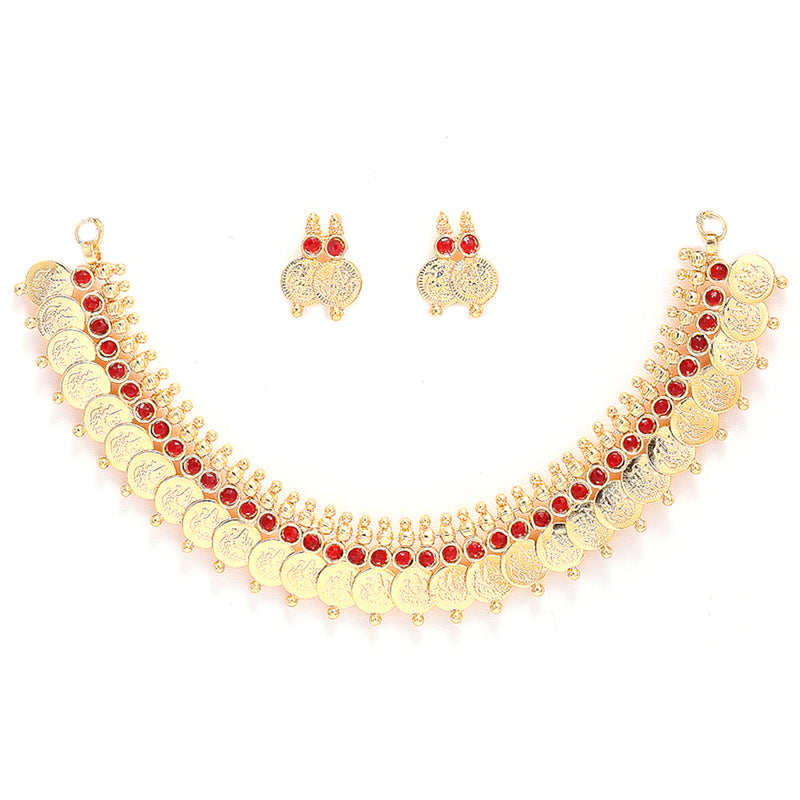 Gold Plated Traditional Red Temple Coin Necklace Set With Earrings