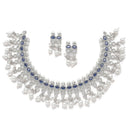 Oxidised Silver-Plated Navy Blue American Diamond & White Pearl Studded Necklace Earrings Jewellery Set