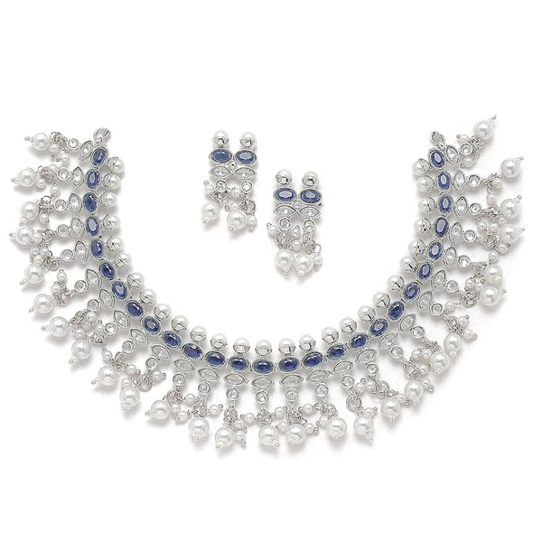 Oxidised Silver-Plated Navy Blue American Diamond & White Pearl Studded Necklace Earrings Jewellery Set
