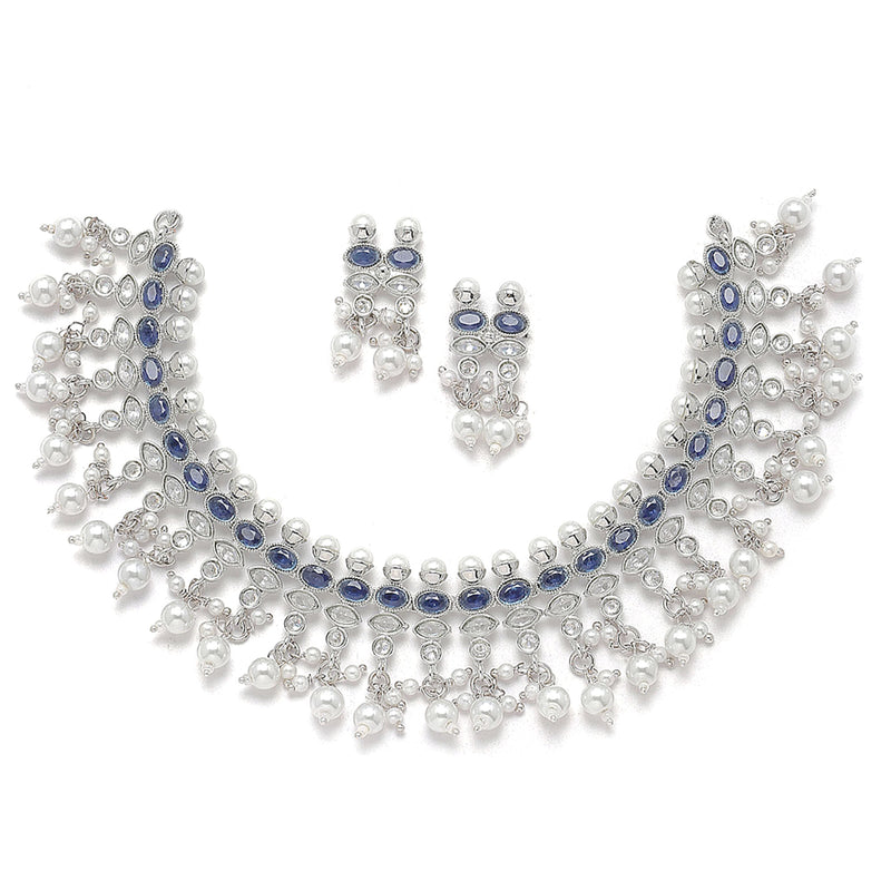 Oxidised Silver-Plated Navy Blue American Diamond & White Pearl Studded Necklace Earrings Jewellery Set