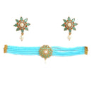 Teal Blue & Turquoise Blue Gold-Plated American Diamond Studded & Beaded Multistrand Necklace Set