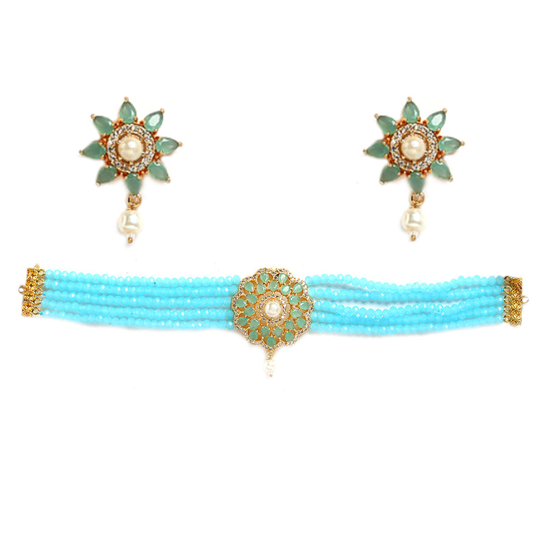 Teal Blue & Turquoise Blue Gold-Plated American Diamond Studded & Beaded Multistrand Necklace Set