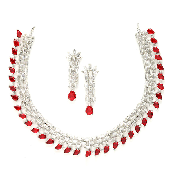 Rhodium-Plated with Silver-Toned Red and White American Diamond Studded Necklace & Earrings Jewellery Set