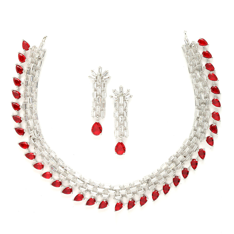 Rhodium-Plated with Silver-Toned Red and White American Diamond Studded Necklace & Earrings Jewellery Set
