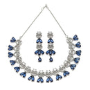 Rhodium-Plated Navy Blue American Diamond Studded Teardrop & Crescent Shaped Necklace with Earrings Jewellery Set