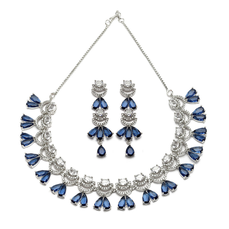 Rhodium-Plated Navy Blue American Diamond Studded Teardrop & Crescent Shaped Necklace with Earrings Jewellery Set
