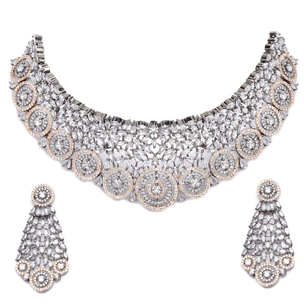 Rose Gold-Plated Gunmetal Toned White American Diamond Choker Necklace with Earrings Jewellery Set