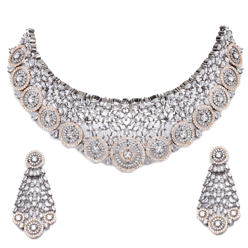 Rose Gold-Plated Gunmetal Toned White American Diamond Choker Necklace with Earrings Jewellery Set