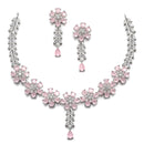Rhodium-Plated Silver Toned Flower Pink American Diamond Studded Necklace with Earring Jewellery Set