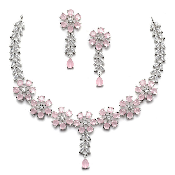 Rhodium-Plated Silver Toned Flower Pink American Diamond Studded Necklace with Earring Jewellery Set