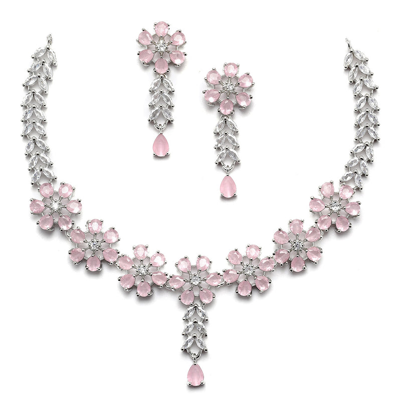 Rhodium-Plated Silver Toned Flower Pink American Diamond Studded Necklace with Earring Jewellery Set