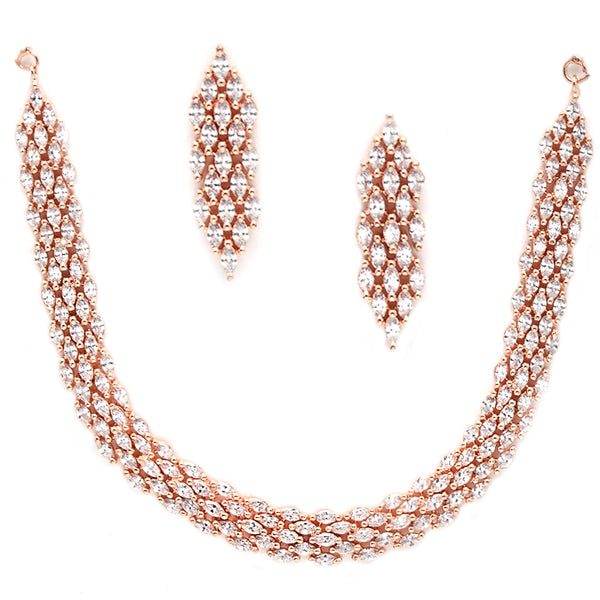 Rose Gold-Plated White American Diamond Studded Handcrafted Jewellery Set