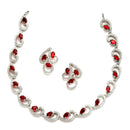 Rhodium-Plated with Silver-Toned Red and White Cubic Zirconia & American Diamond studded Necklace and Drop Earrings Jewellery Set