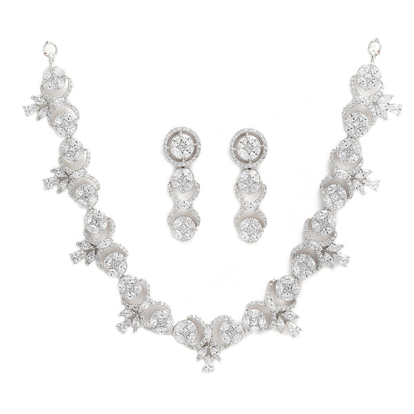 Rhodium-Plated with Silver-Tone White American Diamond-Studded Jewellery Set