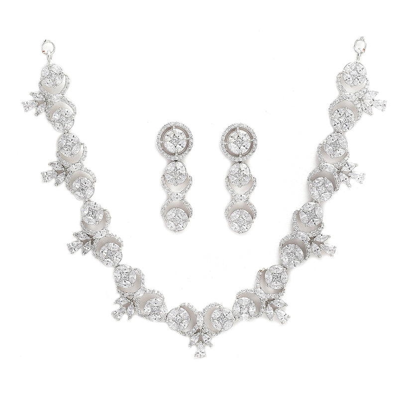 Rhodium-Plated with Silver-Tone White American Diamond-Studded Jewellery Set