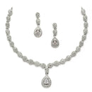 Rhodium-Plated Silver Toned Drop White American Diamond Studded Necklace with Earrings Jewellery Set