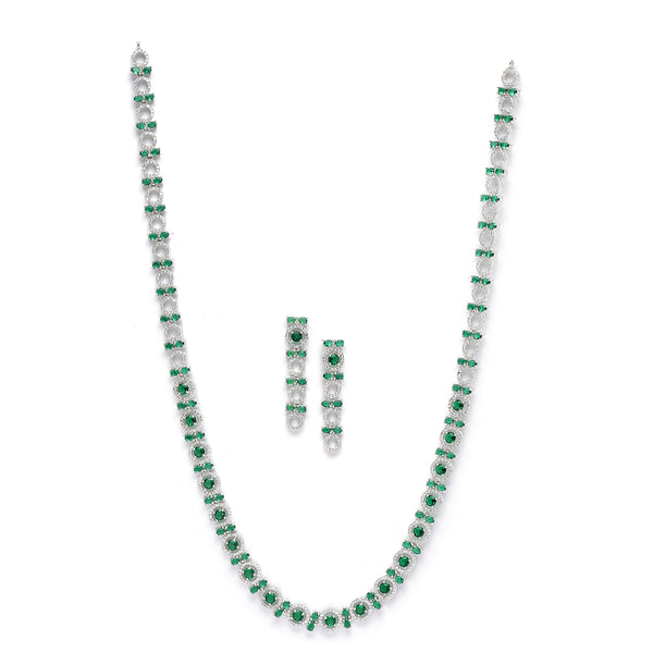 Rhodium-Plated Silver Toned Circular Green American Diamond Long Necklace with Earrings Jewellery Set